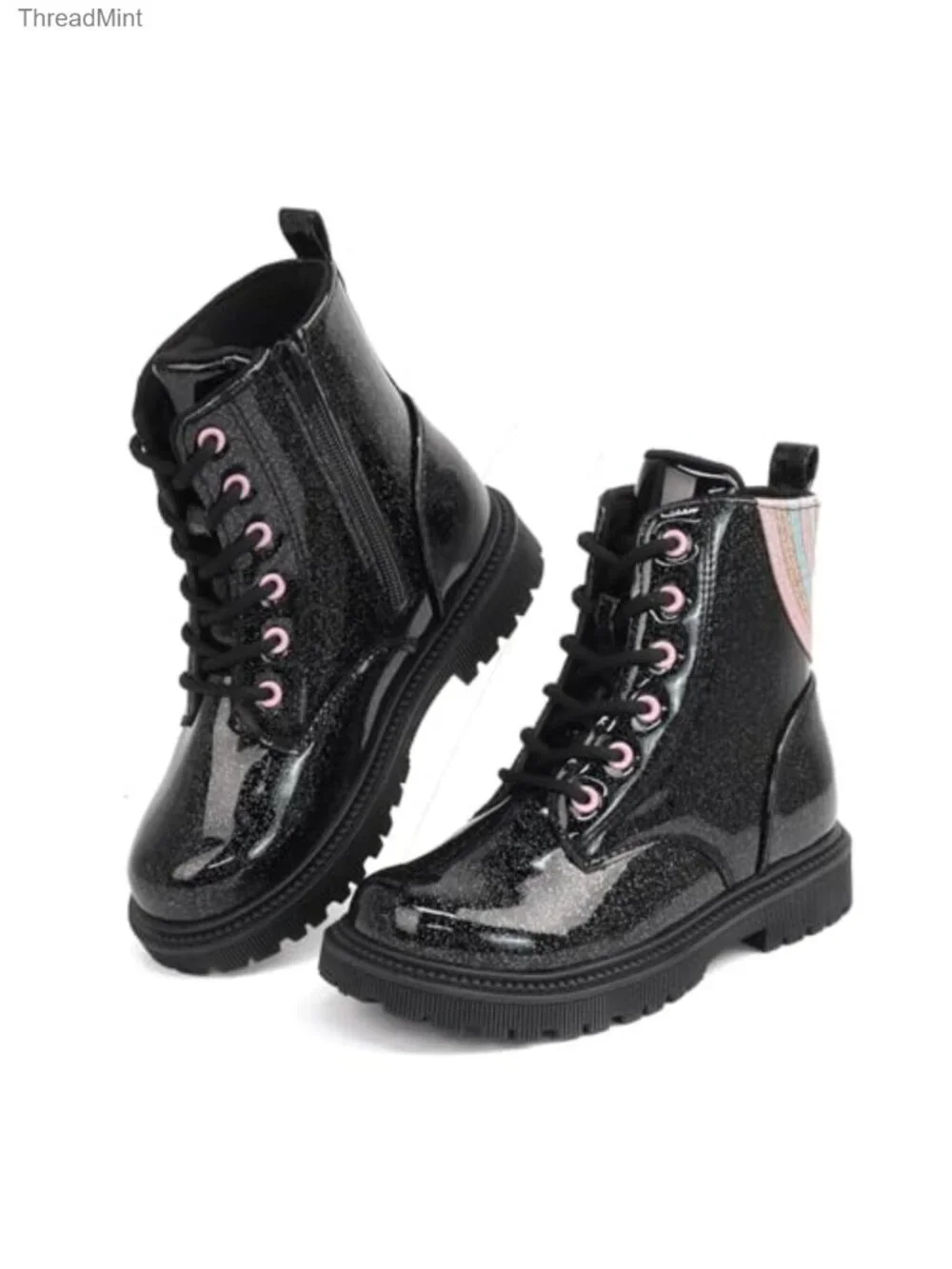 Girls Combat Boots with Gold Chain Charms - Sparkly Glitter PU Ankle Boots
